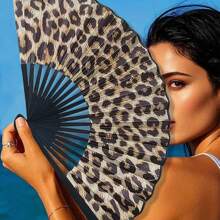 1pc Elegant Leopard Print Bamboo Folding Fan With Black Frame, Fashion Princess Theme, Lightweight Portable Hand Fan For Ladies, Suitable For Summer Travel, Beach And Daily Use