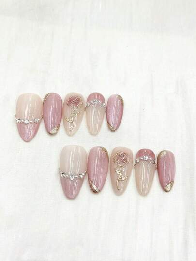 10片美甲贴片，手工制作，轻奢浪漫玫瑰烫印设计，浪漫优雅氛围，高端品质，可拆卸可重复使用，适合不同风格女性日常佩戴，长指甲，圣诞礼物，假指甲，按压式长指甲