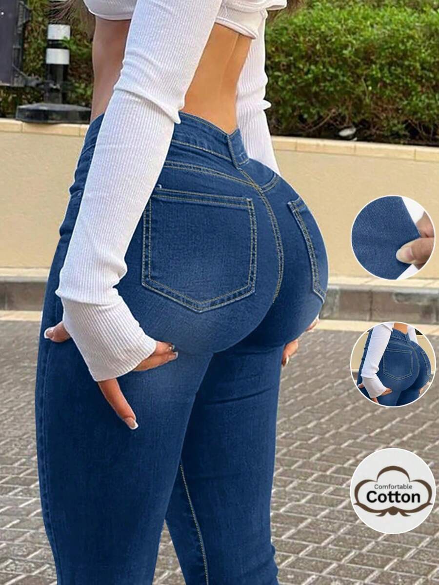 Rave Y2K Street High Waist Stretchy Slim Fit Workwear Skinny Jeans With Slant Pockets,Suitable For Daily Wear