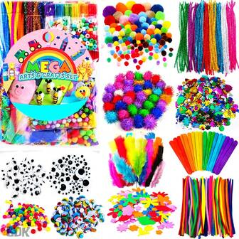 1170 件儿童艺术和手工艺用品套件，大号储物盒拼贴艺术套装，含 11 种材料 [幼儿手工艺用品，一体式 DIY 学校艺术套件] - 混合媒体材料：毛毡/纸/珠子/闪光/活动眼珠、Y2K 彩虹色，适合 4-9 岁儿童的创意剪贴簿生日圣诞礼物