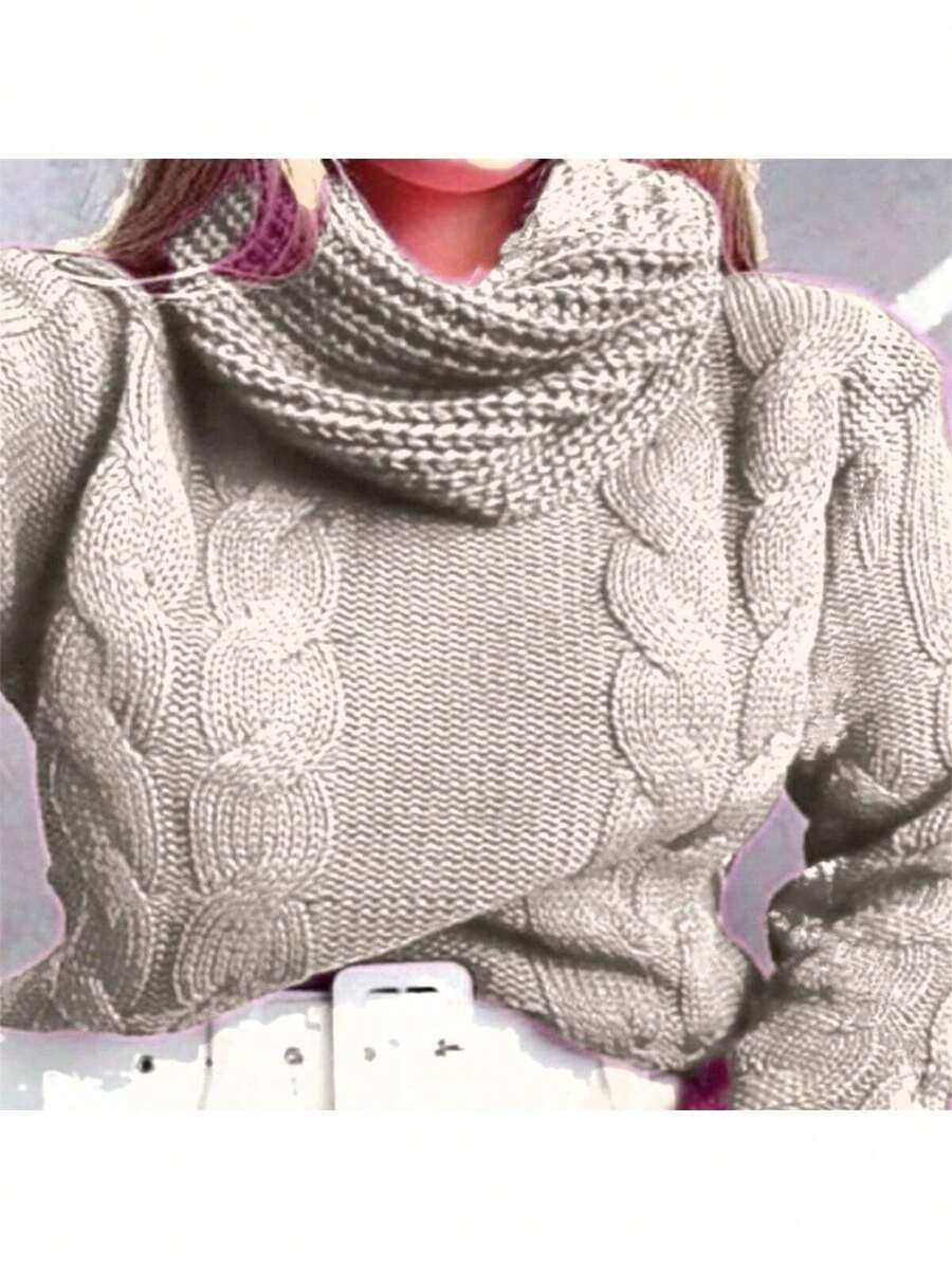 Knitted Blouse Boba Collar High Neck Blogger Braids Winter - Beige - View 1