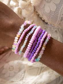 imoli 8pcs/Set Boho Beach Resin Beaded Bracelets, Dopamine Color Stone Chips, Adjustable Jewelry Bracelet Set For Beach Lovers And Daily Vacation Wear (Bead Quantity And Stone Size May Vary Slightly)