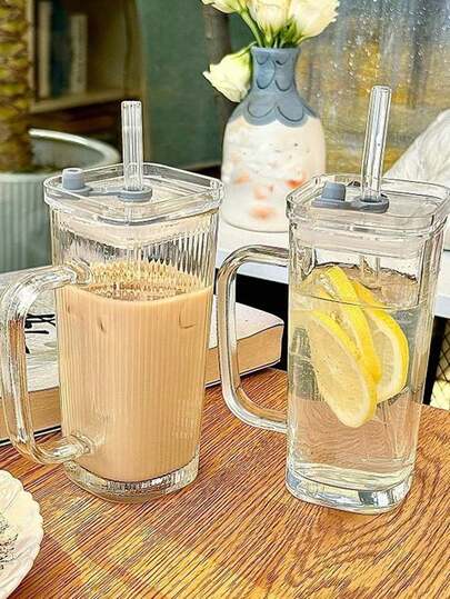 1个200毫升方形玻璃杯，带盖和吸管，性价比高，适合女生，夏季饮水用具，咖啡杯，大容量户外旅行便携饮料果汁杯，冬夏两季饮水用具，生日节日派对礼物，圣诞礼物玻璃水瓶