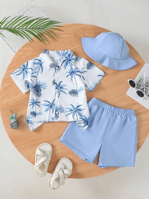 idolCat 3 Stücke/Set Jungen Strandstil Hawaiihemd mit Palmbaum Aufdruck und elastische Taille Shorts mit Sonnenhut für Urlaub, Outdoor Jungen Sommerkleidung in Mintblau