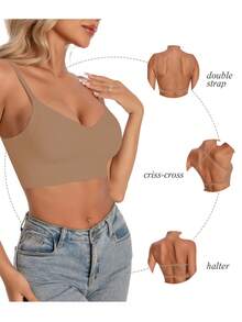 女士无痕露背文胸，无肩带文胸，夏季文胸，婚纱文胸，新娘内衣，3种肩带可选，无缝透气，可调节肩带，轻盈舒适，透气性佳，适合婚礼、正式礼服、吊带裙，A/B罩杯 - 咖啡棕 - 查看 3