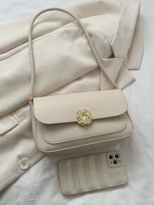 Elegante Bolso De Hombro Retro Decorado Con Herrajes Redondos De Color Sólido - Beis - Ver 5