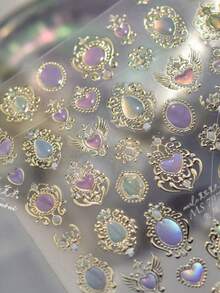 1 件闪光宝石烫印指甲贴纸 - 极光心形彩色闪光激光果冻宝石波点指甲装饰节日狂欢节指甲礼物，DIY 或美甲沙龙美甲贴花，自粘美甲用品 - 淡紫色 - 查看 4