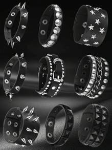 Xiacheng 1/6/9 件装尖头铆钉手链黑色皮革铆钉朋克手链袖口缠绕手镯按扣金属腕带男女通用