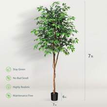6 Feet Artificial Ficus Tree - Fake Silk Plants With Lifelike Leaves And Natural Wood Trunk - Faux Potted Tree For Indoor Home Decor