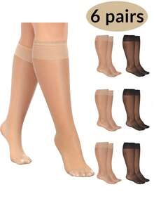 6双/套杏色和黑色透明女士长袜，超薄中筒袜，过膝袜，透气夏季，JK学院风，适合户外、运动、派对、学校、日常穿着