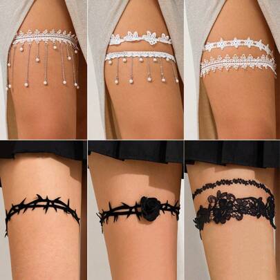 1pc Gothic Style Thigh Chain Garter With Thorny Rose Lace Decor & Tassels (Elastic Band)