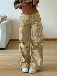 Y2K Street Flap Pocket Tape Detail Loose Casual Wear Wide Leg Parachute Cargo Pants - 卡其色 - 查看 6
