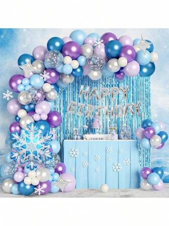 134pcs/Set Frozen Balloon Garland Arch Kit, Includes 1*2m Tassel Curtain, Snowflake Decor, Pearl Accents, Metal Balloons In Blue, Purple, White And Colorful Paper Balloons, Suitable For Fairy Tale Birthday, Snow Queen Or Princess Theme Party Decor