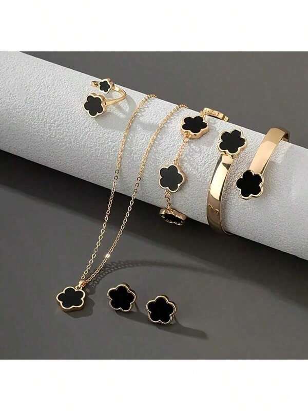 5pcs/Set Lucky Clover Necklace + Earrings + Ring + Bracelet + Bangle Alloy Jewelry Set, Simple & Elegant Design, Birthday, Christmas, Festival Celebration Fashion Accessories For Women
