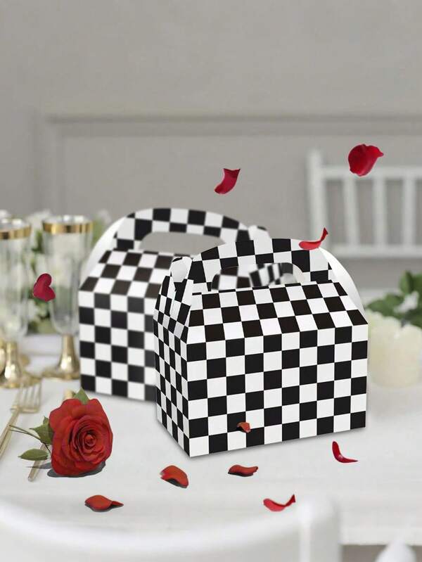 12pcs-Black & White Plaid Gift Box, Race-Themed Party Snack Box, Party Favors Treat Boxes, DIY Favors Bag, Gable Boxes Snack Boxes With Handles, For Birthday Party Decor,Halloween, Christmas Decorations