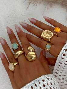 9-5 件复古时尚优雅复古硬币金属多元素彩色宝石、猫眼、水晶镶嵌亚克力可调节戒指套装，厚实锤纹不对称几何戒指，波西米亚风格多层堆叠戒指，适合女士、男士、情侣、夏季、度假、派对、婚礼、日常搭配、节日礼物 - 彩色 - 查看 5
