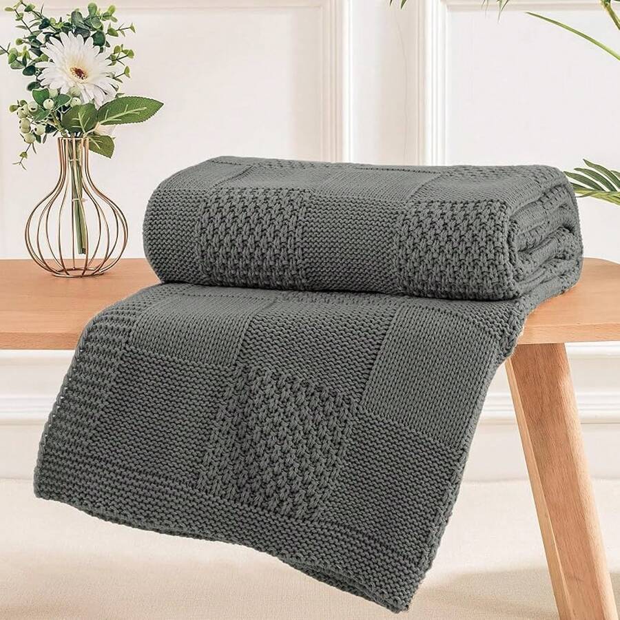 Knit Throw Blanket,Classical Checkered Blanket For Couch,Cozy Warm Knitted Throw Blanket For Bed Sofa Living Room, Decorative Stretched Throw, Lightweigh,50"X 60"Oatmeal - Grey - 查看 1