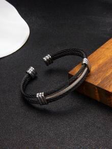 1pc Stainless Steel Cable Open Cuff Bracelet For Men, Minimalist Design Personalized Accessory, Suitable For Daily Wear Or Gift For Boyfriend - Wire Rope Bracelet - View 4