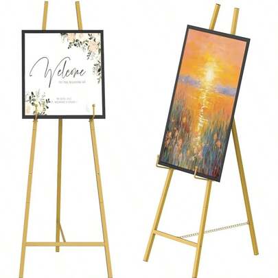 46" H Metal Square Tube Scroll Display Easel, Vintage Gold Decorative Large Adjustable Floor Standing Easel With Chain Support, Perfect For Showcasing Pictures, Artwork, Picture Frame Wedding Sign Etc