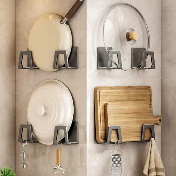 1pc No Drill Needed Kitchen Pot Lid Rack, Wall Mount Utensils & Cutting Board Organizer Storage Shelf