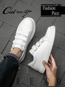 男士时尚简约纯白色低帮魔术贴休闲运动鞋，日常轻便舒适时尚情侣运动平底鞋 - 白色 - 查看 3