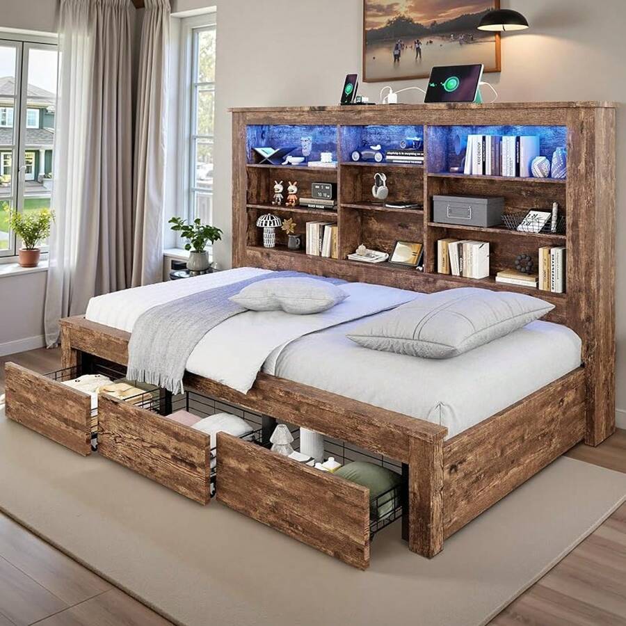 Twin Daybed With Bookcase Headboard – USB-C Charging, RGB Lights & 3 Drawers, No Box Spring Needed, Farmhouse Wood Frame For Teens & Dorms - Xem 1