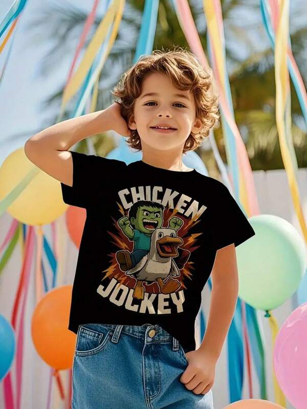100% Pure Cotton Cartoon Block Chick & Zombie Tween Boys Tee & Shorts Set - Soft Breathable 2-Piece Kids Outfit For Casual Days & Theme Parties