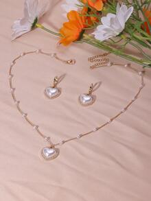 3pcs Set Full Diamond Faux Pearl Heart Design Jewelry Suitable For Daily Wear - Multicolor - View 2