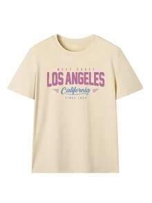 Áo thun nữ mùa hè mới, kiểu dáng đơn giản, in khẩu hiệu Los Angeles, dáng rộng, cổ tròn, tay ngắn, thích hợp mặc hàng ngày và đi nghỉ mát. - Màu be - Xem 5