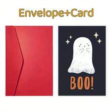 1 张万圣节贺卡，带信封，有趣的鬼魂“嘘！”设计，纸质材料，适合任何人，复古主题十月讨糖卡