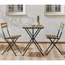Set con 3 muebles de mesa y 2 sillas, para jardín, exterior, plegable, de metal y madera, para terraza en estilo retro, estructura de acero, tipo bistró, patas antideslizantes, para balcones y terrazas pequeños