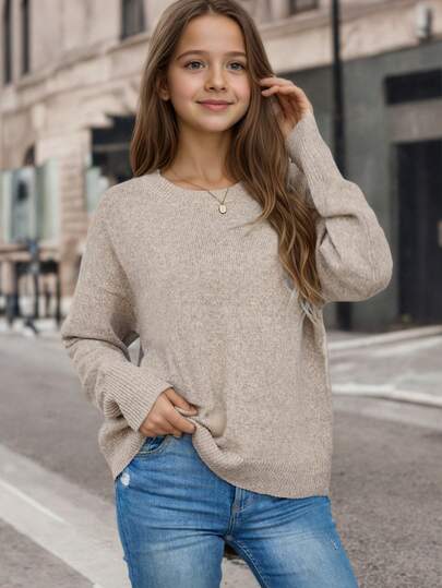 1pc Girls Casual Thick Pullover Sweater, Warm & Soft Solid Color Knitted Sweater For Students, Autumn/Winter