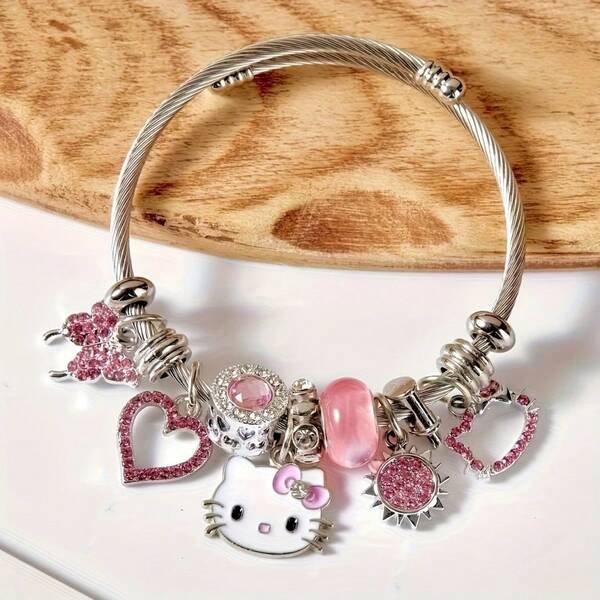 Sanrio سانريو لسوار هالو كيتي باللونين الوردي والأحمر - مجوهرات كيوت كاواييي معلقة بوجه قطة وفراشة وشكل قلب وشمس، مناسبة للمراهقين، هدية مثالية للأصدقاء [موسم المدرسة]، [عيد الهالوين]، [عيد الميلاد]