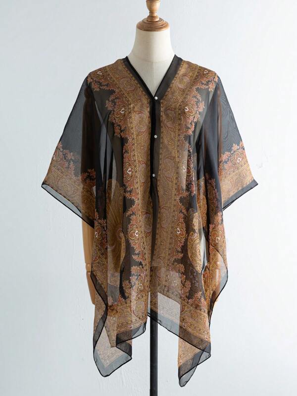 1Pc Women Floral Chiffon Shawl,Batwing Outerwear, Lightweight Sunscreen Beach Cover Up, Suitable For Swimsuit & Seaside Activities, Summer