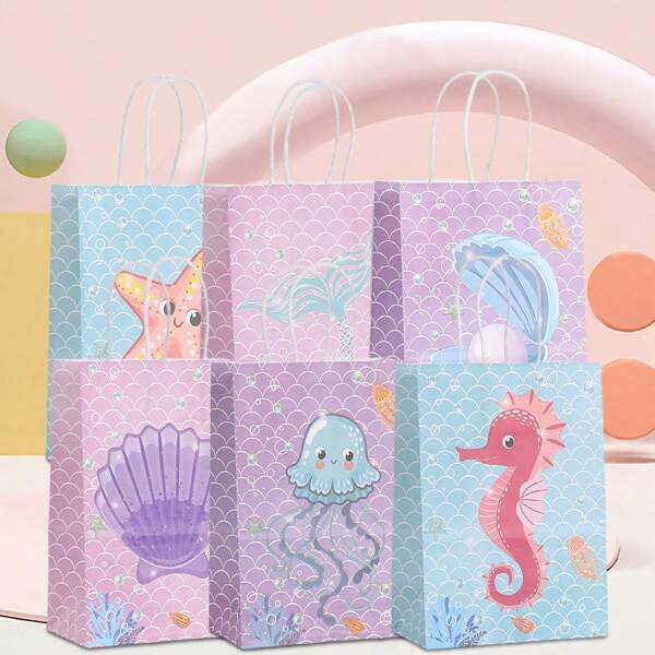24pcs Cute Cartoon Ocean Theme Gift Bags, Featuring Seahorses, Starfishes, Seashells, Mermaids, Squids, Pearls Patterns, Suitable For Weddings, Bridal Parties, Birthdays, Business Shopping, Party Favors, Graduation - Colorful Paper Gift Bags, Applicable For Festivals, Events, Reunions, Parties And Various Occasions