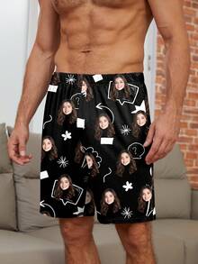 定制男士短款睡衣短裤，印有独特的大头照片，适合日常和节日礼物 - 黑色 - 查看 3