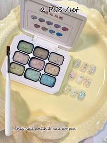 9格马卡龙纹理指甲油DIY可爱美甲配件，指甲油套装+美甲笔 - 白色 - 查看 1