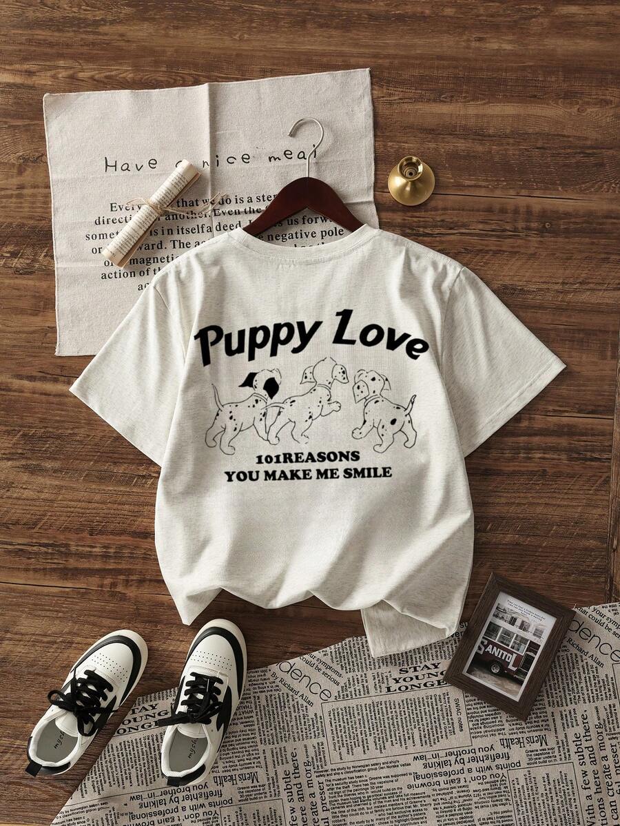 夏季新款休闲宽松英伦小狗印花短袖女式T恤上衣 - 淺花灰 - 查看 1