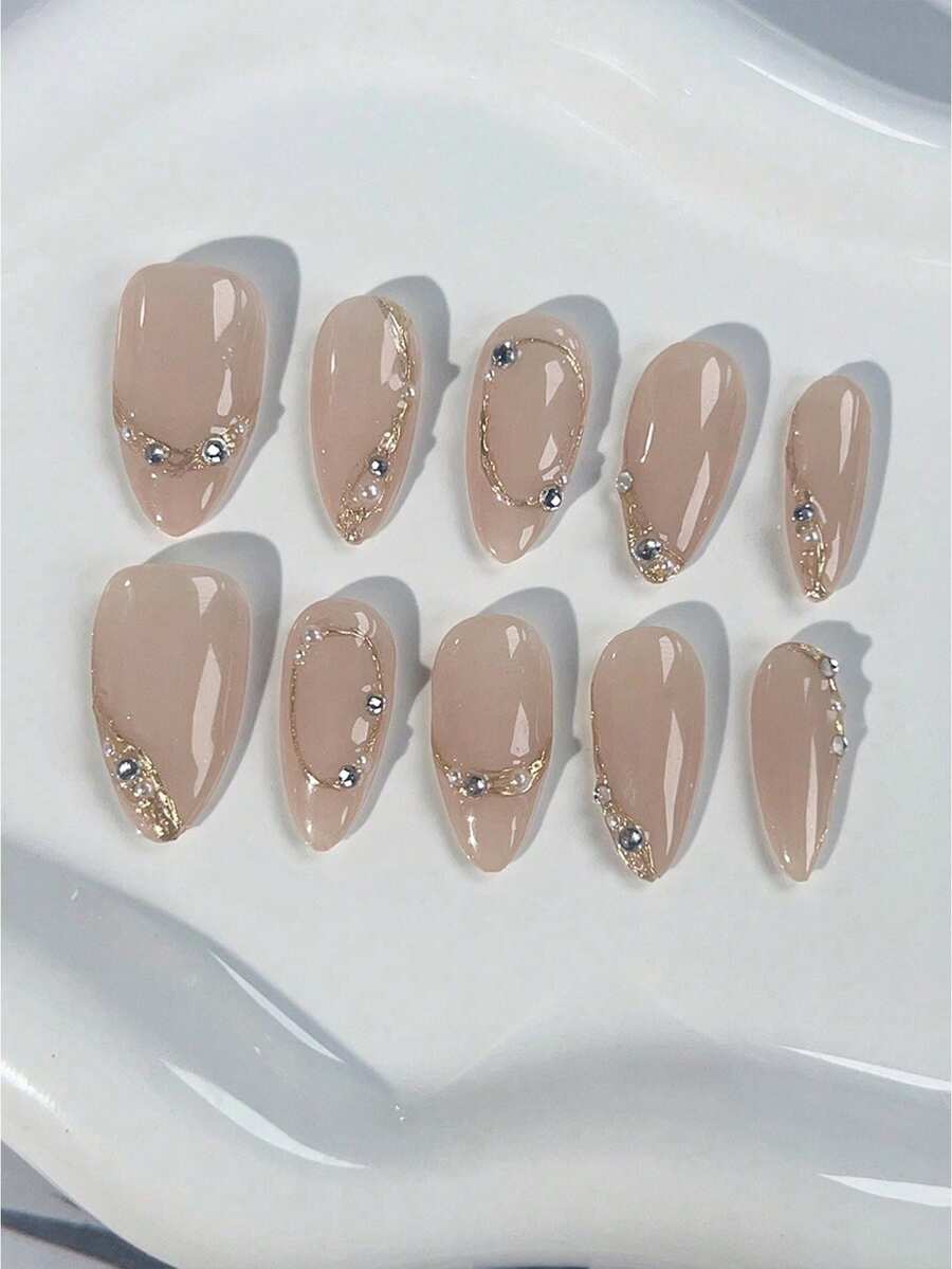 qihangxin 10片手工杏仁形美甲贴纸，圣诞礼物，假指甲，短指甲贴纸，轻盈奢华，高端品质，透明底，镀金工艺。可移除可重复使用，适合不同风格的女性日常佩戴，也可作为礼物赠送。 - 彩色 - 查看 1