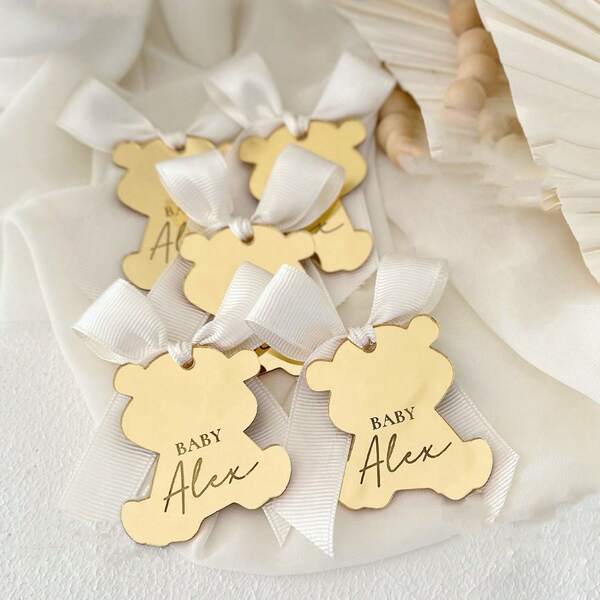 Gold Custom Acrylic Mirror Tags, Teddy Bear Party Gift Tag, Teddy Bear Baby Shower Favor Tags, Birthday Gift Tags, Thank You Gift Tag