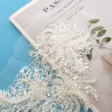 1 件串珠刺绣亮片蕾丝贴花缝纫花面料领子贴片适用于婚纱新娘 DIY 工艺。 - 白色 - 查看 4