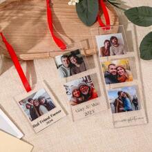 1PC Custom Acrylic Photo Ornament - Can Hold 1-3 Photos And Add Text, Transparent Rectangular Design With Red Ribbon, Suitable For Christmas Tree Decoration, Family Photo Commemoration, Best Friend Gift, Pet Commemoration Or Anniversary Holiday Gift