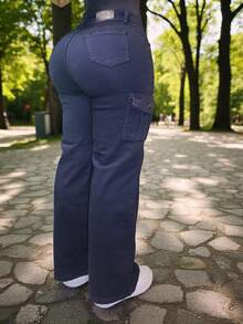 Pantalon jeans de mezclilla estilo corte ancho cargo stretch para dama mujer push up cintura alta urbano - Petroleo cargo con bolsas - Ver 2