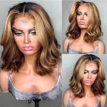 10、12、14英寸挑染蕾丝前假发，真人发混纺，渐变蜂蜜金假发，女士款，13x4、13x6前蕾丝，高清透明蕾丝假发，200%密度，纤维蕾丝前假发，预先拔毛，4x4预剪，无需胶水，带婴儿发，10-14英寸波波头假发 - S4/27 - 查看 7