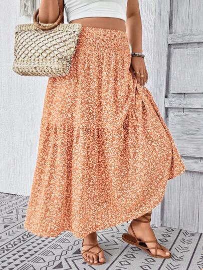 Plus Size Women Casual Ditsy Floral Long Skirt Summer