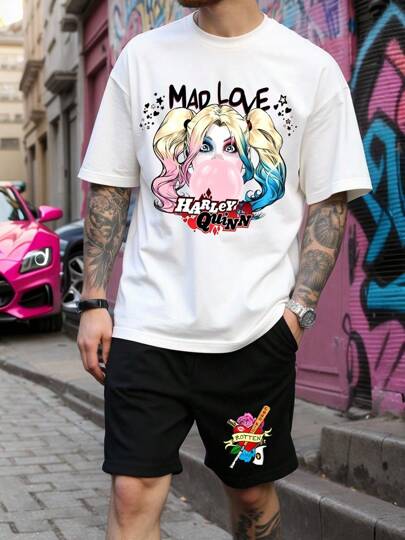 Warner Bros 2pcs/Set Men's Casual Harley Quinn Cartoon Print Short Sleeve T-Shirt And Shorts, Summer Outfit