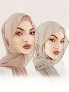 2 件/套女款純色珍珠雪紡蓋頭頭巾 + 吸汗襯帽 - 黑色 - 查看 2