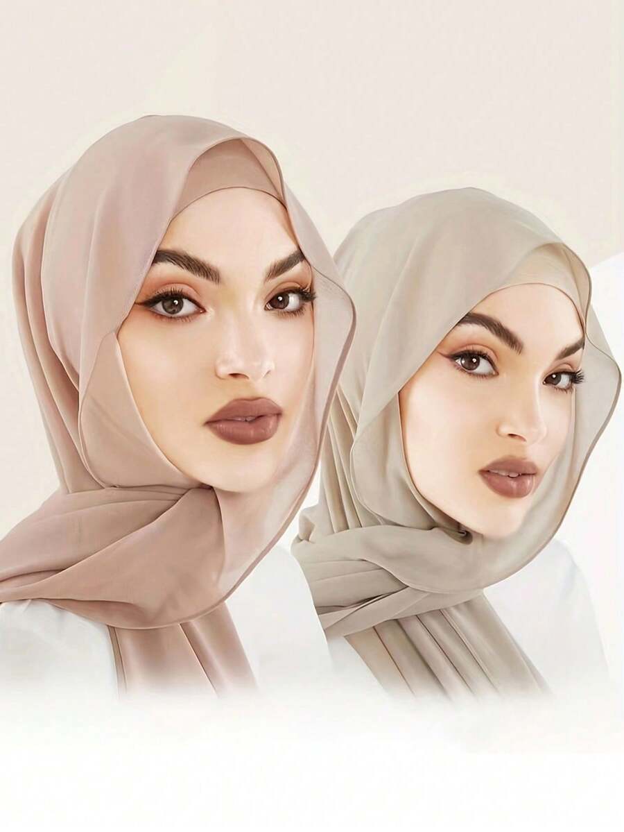 2 件/套女款純色珍珠雪紡蓋頭頭巾 + 吸汗襯帽