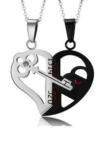 1 par de colgantes de collar de pareja de acero inoxidable, estilo llavero con forma de corazón y circonita, colgante doble de 2 en 1 para pareja, regalo de pareja - Multicolor - Ver 18