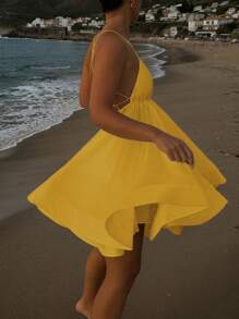 Sexy Backless A-Line Mini Dress, Butter Yellow Spaghetti Strap Dress, Suitable For Vacation, Back To School Party, Homecoming, Halloween Costumes #GalaNight
